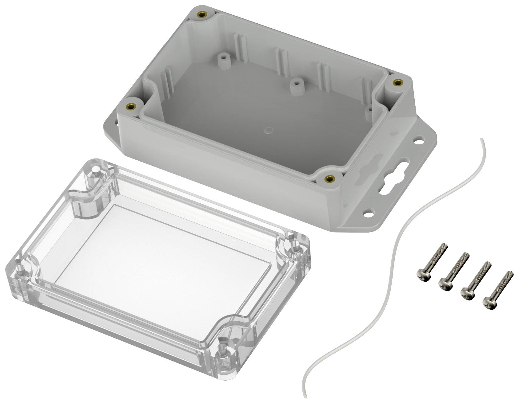 Gehäuse-Set mit transparentem Deckel, Grundplatte, Schrauben und Dichtung, geeignet für den Schutz elektronischer Bauteile.