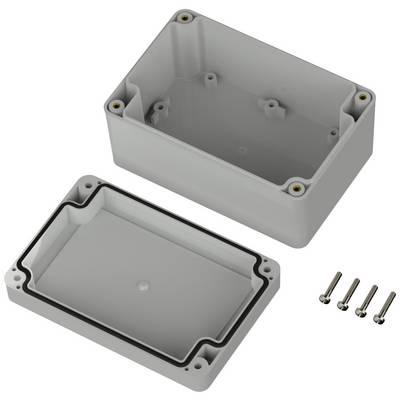 Gehäuse aus Kunststoff mit abnehmbarer Oberseite und vier dazugehörigen Schrauben, ideal zur sicheren Elektroniklagerung.