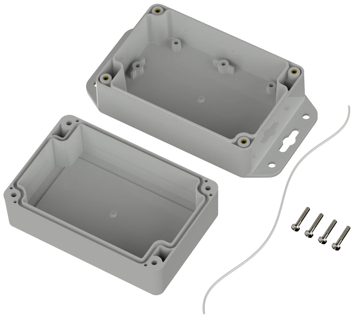 Gehäuse mit abgenommener Abdeckung, Innenansicht sichtbar. Vier Schrauben und Dichtungsschnur daneben. Geeignet für elektronische Bauteile.