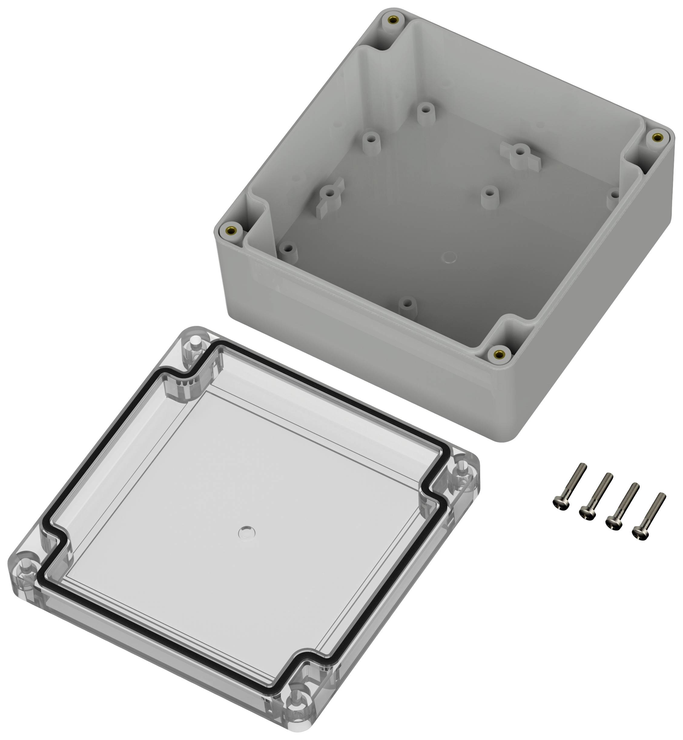 Ein rechteckiges, graues Kunststoffgehäuse mit separatem, klarem Deckel und vier Schrauben. Geeignet für elektrische Komponenten.