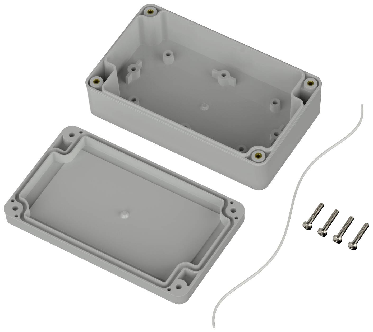 Ein rechteckiges graues Kunststoffgehäuse, offen mit Deckel daneben, zusammen mit vier Schrauben und einem Dichtungsring.