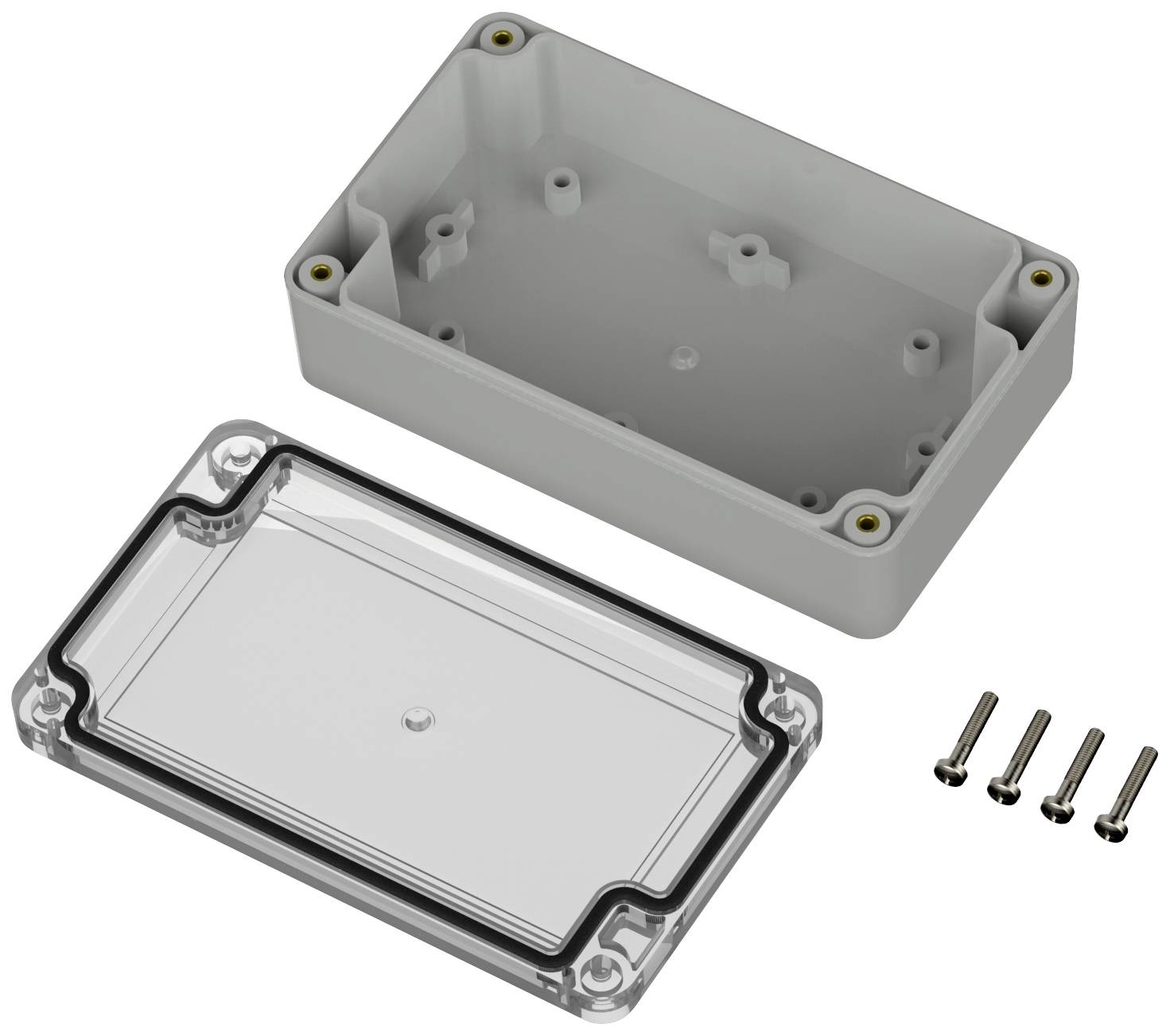 Eine offene graue Kunststoffbox mit durchsichtigem Deckel und vier Schrauben daneben, geeignet für elektronische Anwendungen.
