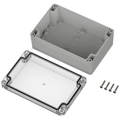 Graues rechteckiges Gehäuse mit abnehmbarer transparenter Abdeckung und vier Schrauben zur Montage, geeignet für elektronische Projekte.