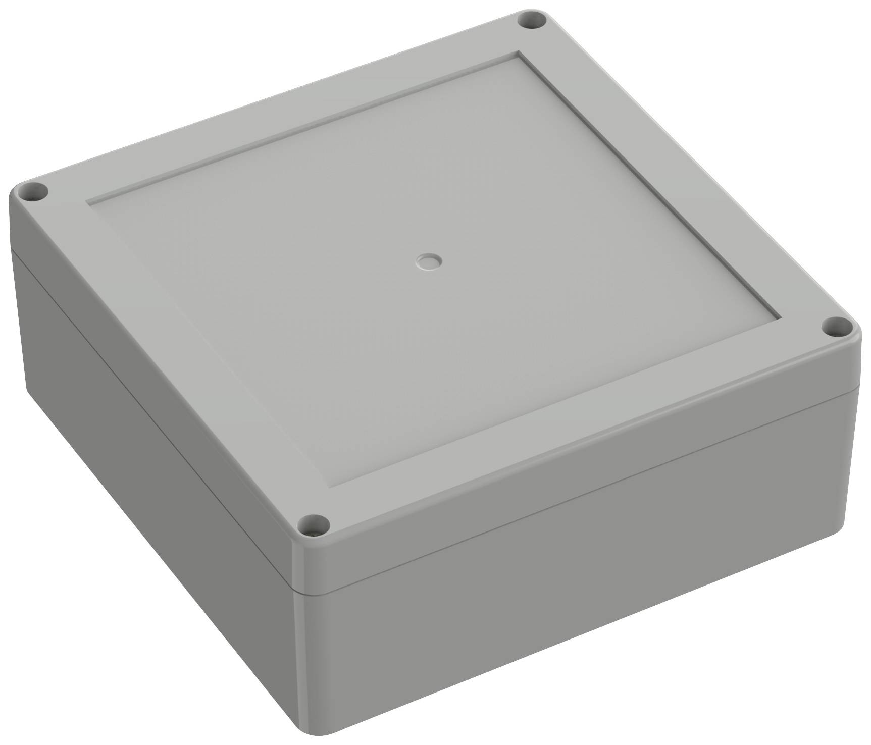 Grau, quadratisches Gehäuse mit Schraublöchern in den Ecken, geeignet für Elektronikkomponenten.