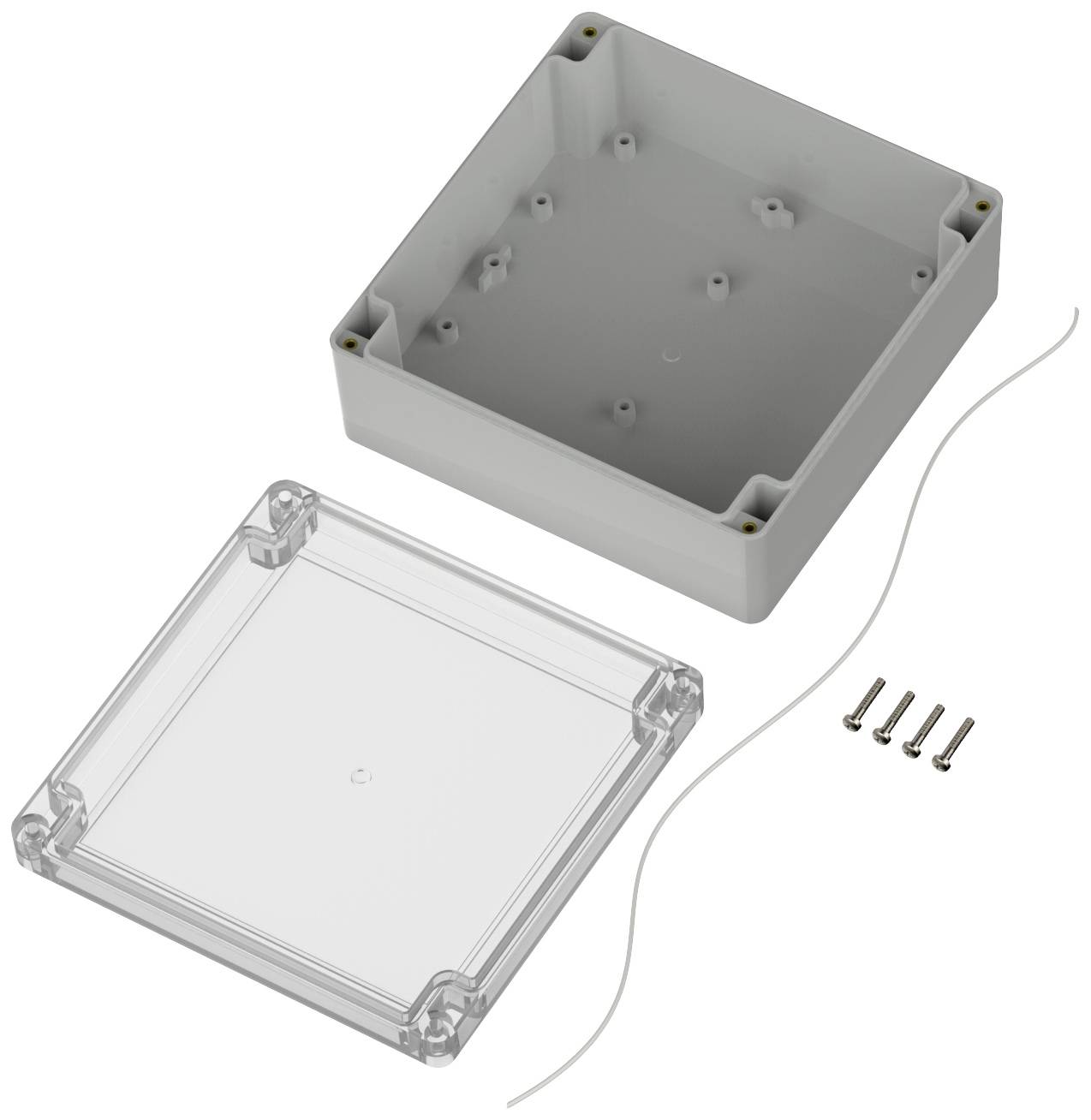 Gehäusebausatz mit grauem, rechteckigem Gehäuse, durchsichtigem Deckel, vier Schrauben und Dichtungskordel, offen dargestellt.