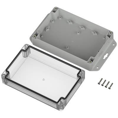 Transparente Kunststoffbox mit abnehmbarem Deckel und Dichtungsring, geeignet für Elektronikprojekte. Vier Schrauben daneben.