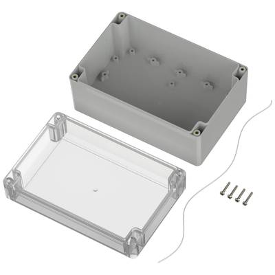 Gehäuse-Set mit grauem Kasten, abnehmbarer transparenter Abdeckung, vier Schrauben und Dichtung, für Elektronik-Anwendungen.