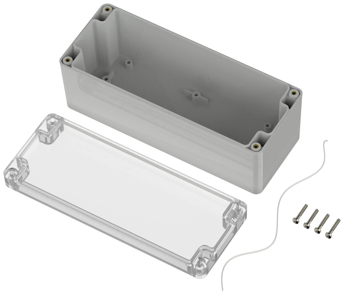 Gehäuse-Set bestehend aus einem rechteckigen grauen Gehäuse, einem transparenten Deckel, vier Schrauben und einem weißen Kabel.