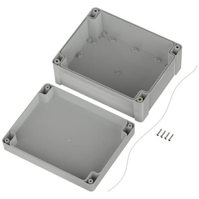 Graues rechteckiges Gehäuse aus Kunststoff, bestehend aus zwei Teilen, Deckel und Boden, mit vier Schrauben und einer Dichtung. Entworfen für Elektronikprojekte.
