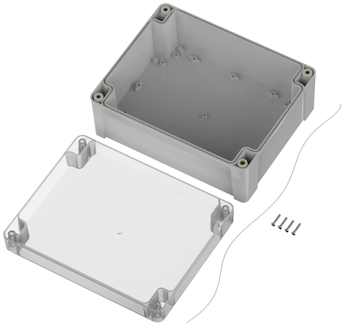 Gehäuse für elektronische Geräte, bestehend aus Boden und durchsichtigem Deckel mit Schrauben. Geeignet für Verkabelung.