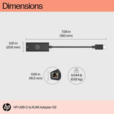 'Adapter für HP USB-C zu RJ45, G2', Länge: 7,08 Zoll (180 mm), Breite: 0,81 Zoll (20,6 mm), Höhe: 0,65 Zoll (16,5 mm), Gewicht: 0,044 lb (0,02 kg).