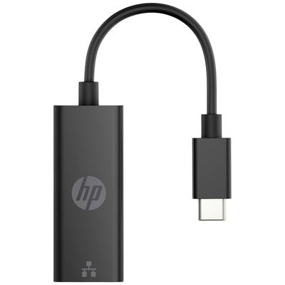 Schwarzer HP USB-C-zu-Ethernet-Adapter zum Anschluss eines Geräts an ein kabelgebundenes Netzwerk.