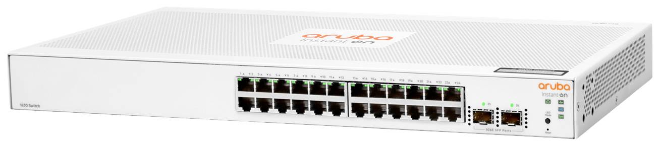 Ein weißer Netzwerk-Switch mit 24 Ethernet-Ports und 4 SFP-Ports, hergestellt von Aruba. Markenname oben sichtbar.