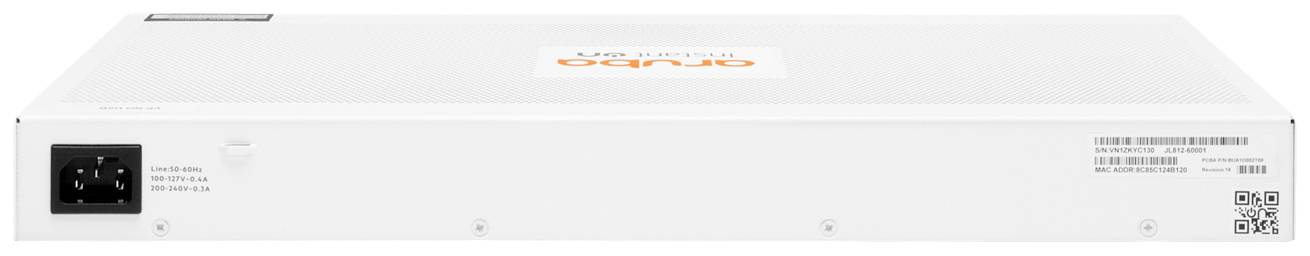 Ein weißes Netzwerkgerät mit der Aufschrift 'aruba' auf der Oberseite. Rechts befinden sich Seriennummer und QR-Code.