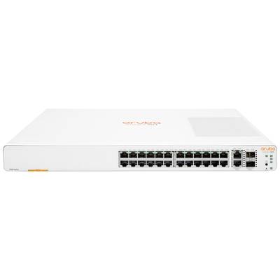 Ein weißer Aruba-Netzwerkswitch mit mehreren Ethernet-Ports an der Vorderseite, geeignet für den Einsatz in Unternehmensnetzwerken.