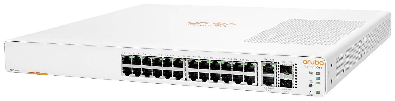 Ein weißer Netzwerk-Switch mit mehreren Ethernet-Anschlüssen und LEDs auf der Vorderseite, der für Unternehmensnetzwerke geeignet ist.