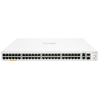 Ein Netzwerk-Switch mit 48 Ethernet-Ports und zwei zusätzlichen SFP+-Steckplätzen. Markenname 'Aruba' oben sichtbar.