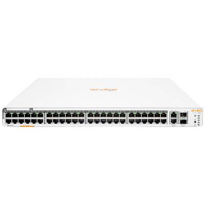 Ein weißer Netzwerk-Switch von Aruba mit 48 Ports und mehreren LEDs auf der Vorderseite. Oben steht 'Aruba Instant On'.