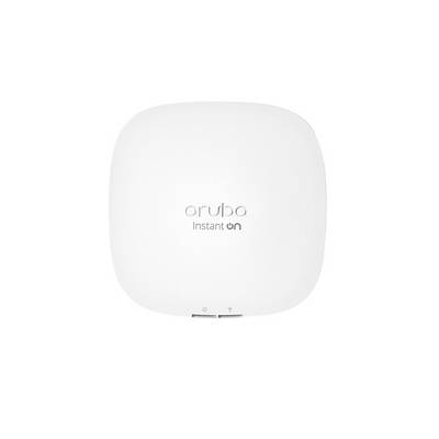 Ein weißer, runder WLAN-Access-Point von 'aruba Instant On' mit zwei kleinen Status-LEDs an der Unterseite.