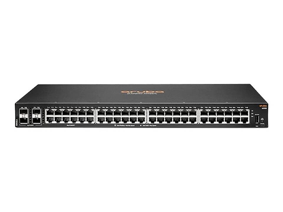 Ein schwarzer Netzwerk-Switch mit 48 Ethernet-Ports und zwei SFP-Ports, auf der Vorderseite mit dem Logo einer Technologie-Marke.