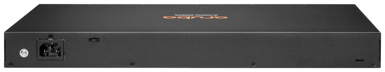 Ein schwarzer Netzwerkschalter mit dem Logo 'Aruba' auf der Oberseite. Die Rückseite zeigt einen Netzkabelanschluss und Lüftungsschlitze.