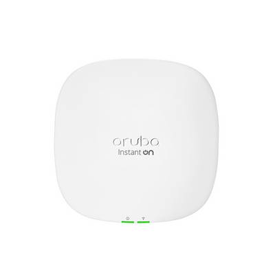 Ein weißes Aruba Instant On WLAN-Zugangspunktgerät mit leuchtenden Lichtern an der Unterseite.