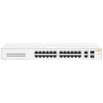 Ein Netzwerk-Switch mit 24 Ethernet-Ports und zusätzlichen Verbindungsmöglichkeiten, gekennzeichnet mit dem Logo von Aruba.