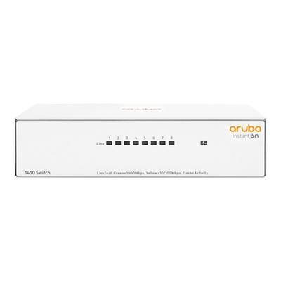 Ein weißer Aruba 1430 Switch mit 8 Anschlüssen und LED-Anzeigen auf der Vorderseite, zur Netzwerkverbindung und -aktivität.