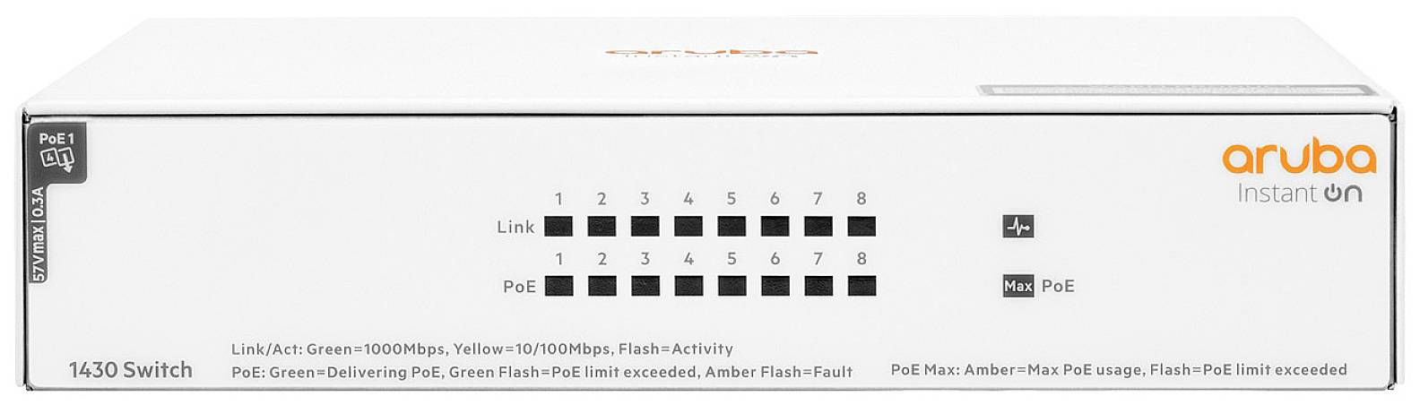 'Frontansicht eines Aruba Instant On 1430 Switches. Zeigt Ports 1-8, mit PoE-Anzeige. Markenlogo oben rechts.'