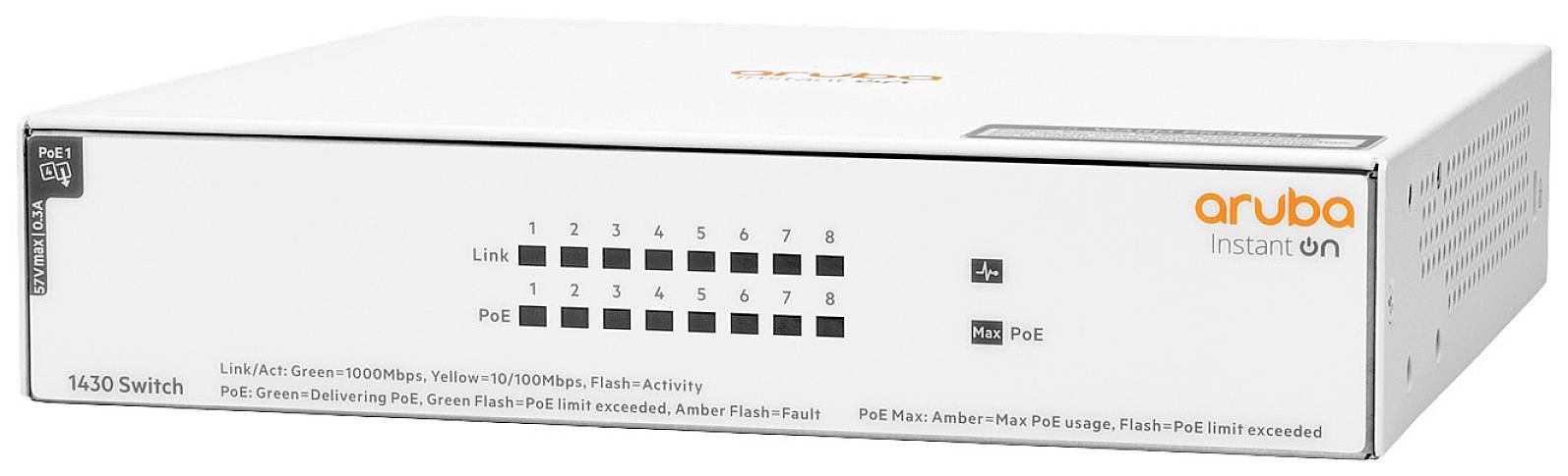 Ein weißer Aruba Instant On 1430 Switch mit mehreren Netzwerkanschlüssen und Anzeigen für Link-, Aktivitäts- und PoE-Status.