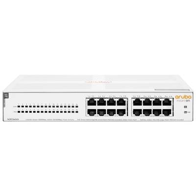Ein weißer Netzwerk-Switch mit 24 Ethernet-Ports und Aruba-Logo. "Port 1–12" und "Port 13–24" auf der Frontseite gekennzeichnet.