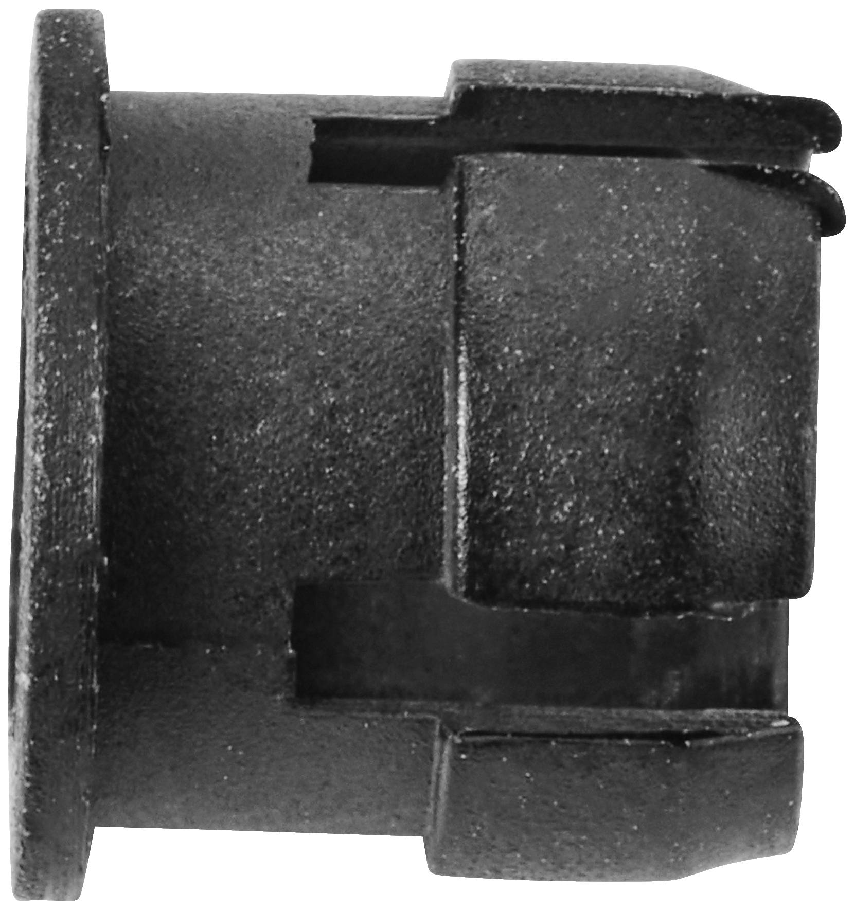 Rundes, schwarzes Kunststoffteil mit seitlichen Aussparungen, vermutlich ein Befestigungselement oder Sockeladapter aus Kunststoff.