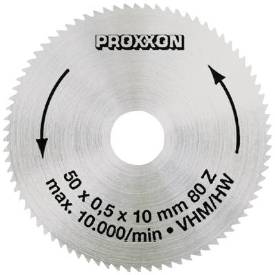 Kreissägeblatt aus Metall mit den Angaben: 'Proxxon', '50 x 0,5 x 10 mm 80 Z', 'max. 10.000/min', 'VHM/HW'.