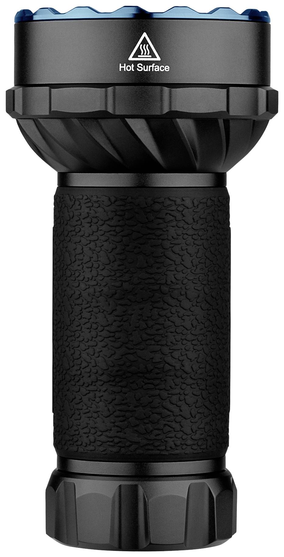 Schwarze Taschenlampe mit strukturierter Griffoberfläche und Warnsymbol 'Hot Surface' (Heiße Oberfläche) auf der Oberseite.
