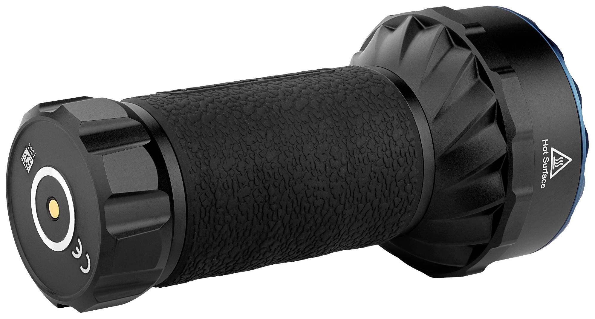 Eine schwarze Taschenlampe mit strukturiertem Griff und Drehschalter, geeignet für den Außenbereich.