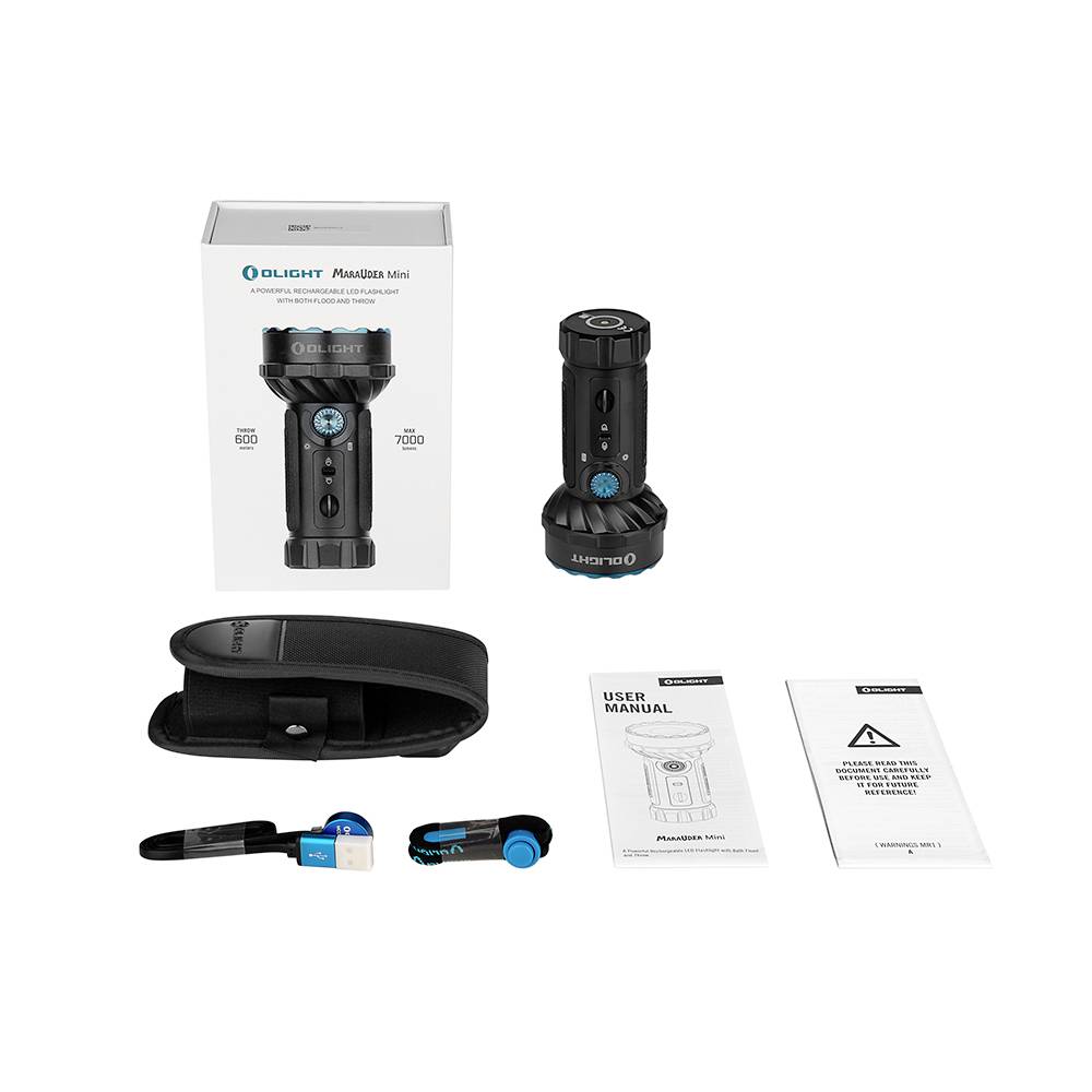 Das Bild zeigt eine Taschenlampe mit Zubehör: Verpackung, Bedienungsanleitung, Ladekabel und Gürtelhalterung. Im Vordergrund liegt ein Hinweisblatt.