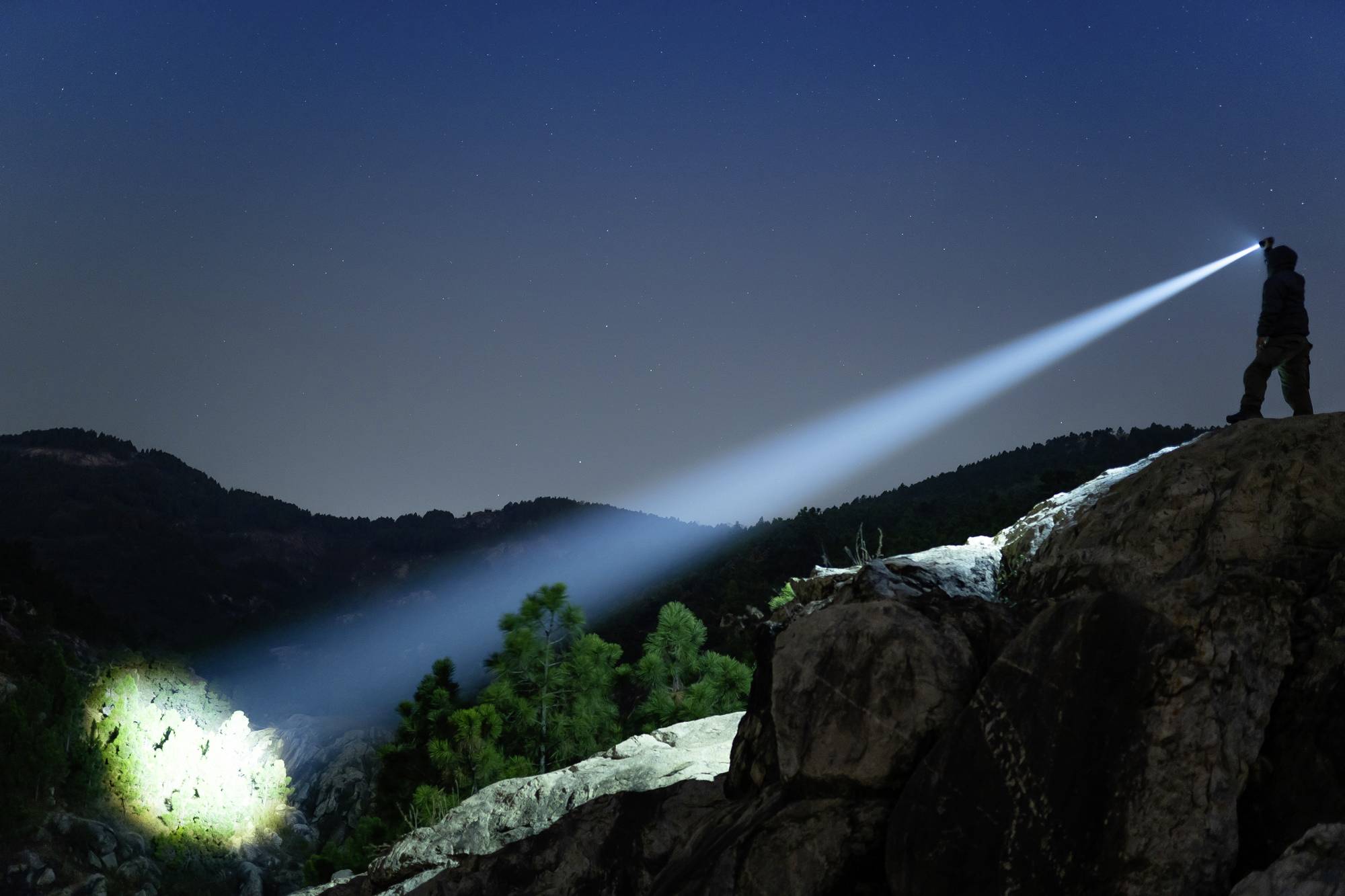 Person steht auf Felsen bei Nacht, scheint Taschenlampe auf bewaldeten Abhang, beleuchtet Baumgruppe, Sternenhimmel im Hintergrund.