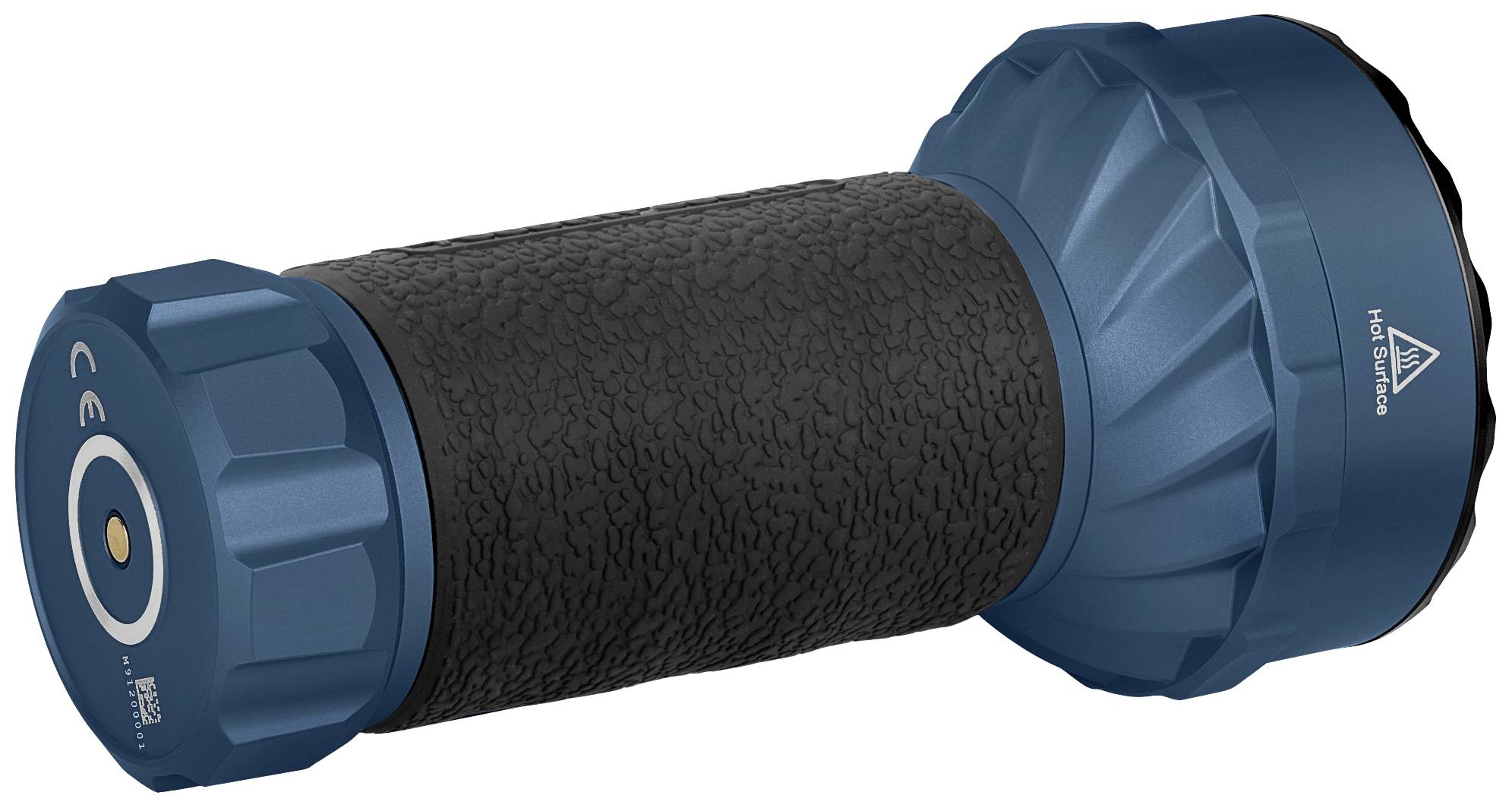 Ein blauer LNB für Satellitenschüsseln mit CE-Kennzeichnung, texturierter Oberfläche und Hinweis auf heiße Oberfläche.