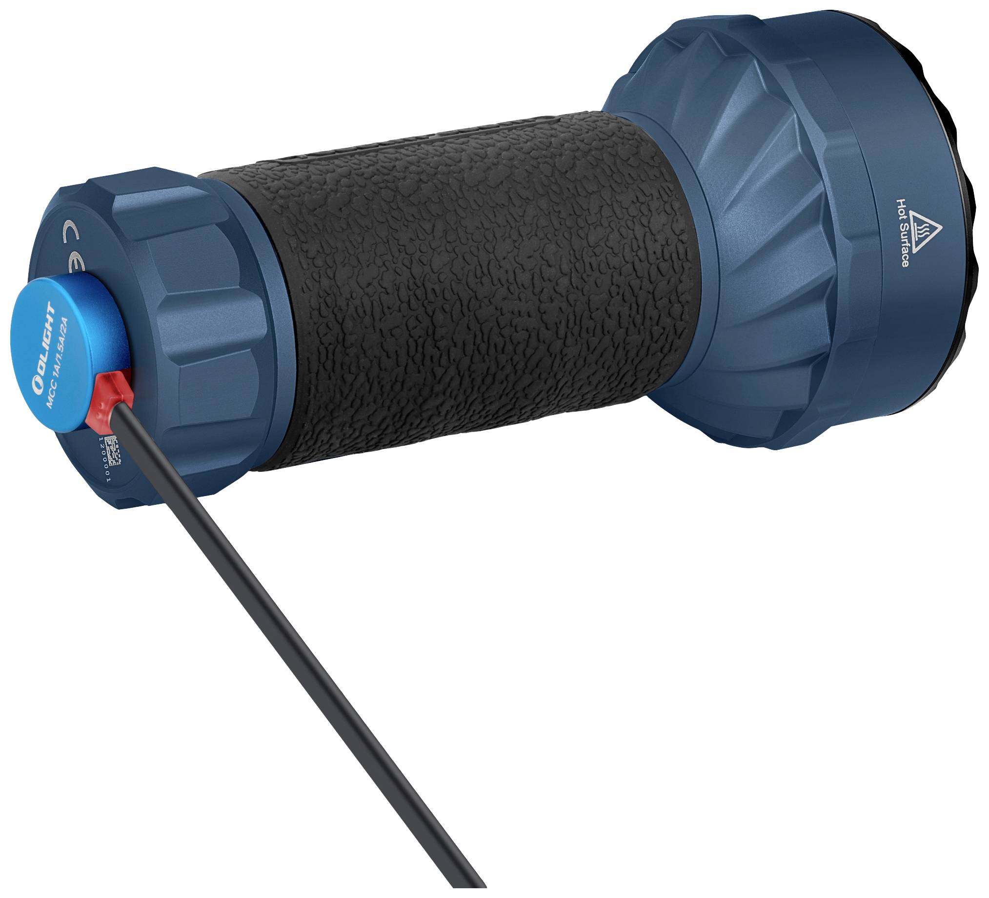 Ein blau-schwarzes elektrisches Gerät mit geriffelter Oberfläche und Kabel. Es hat ein zylindrisches Design und ist wahrscheinlich tragbar.