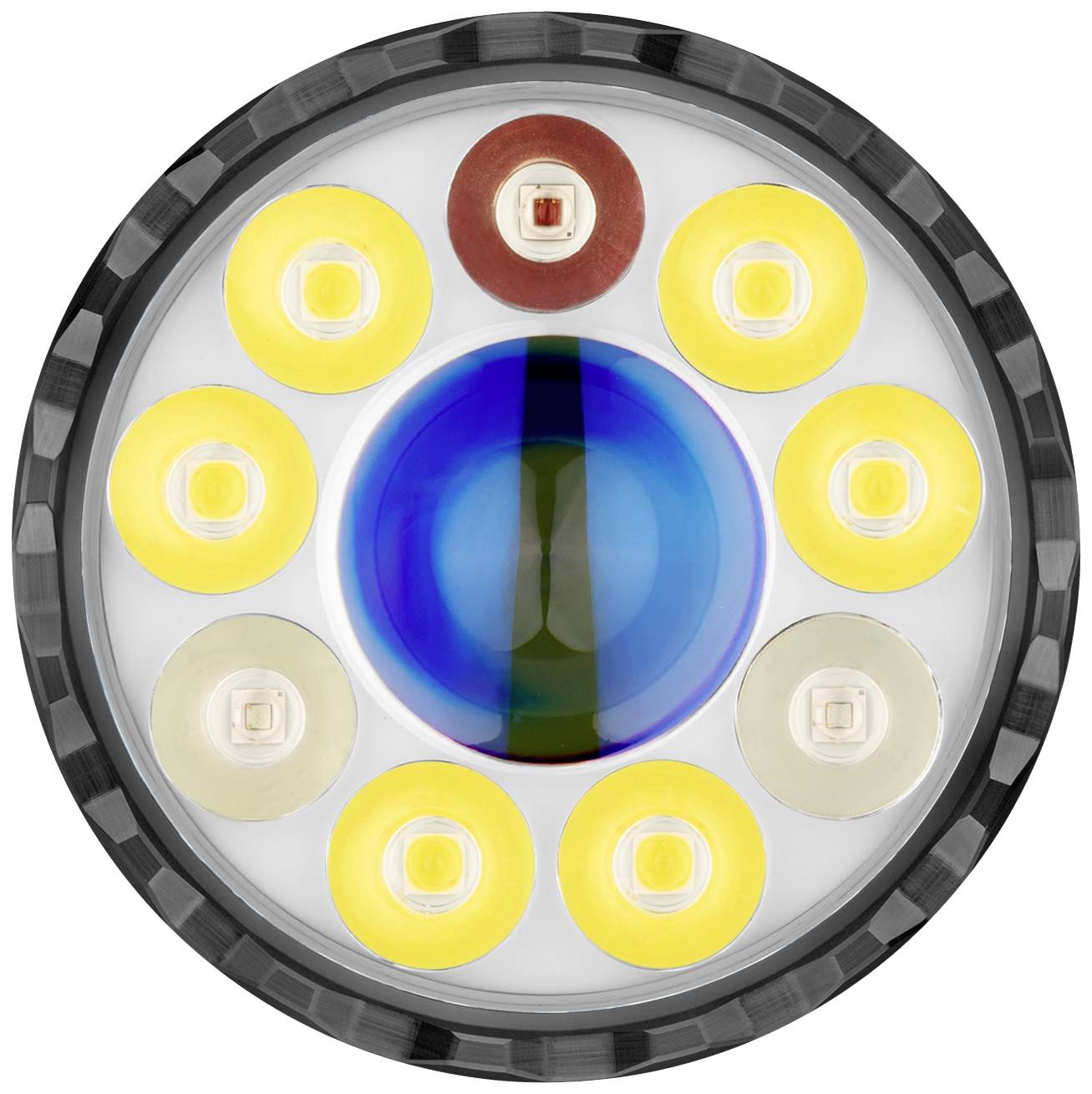 'Dekoratives Muster aus gelben Kreisen um ein zentrales blaues, glänzendes Element auf weißem Hintergrund.'