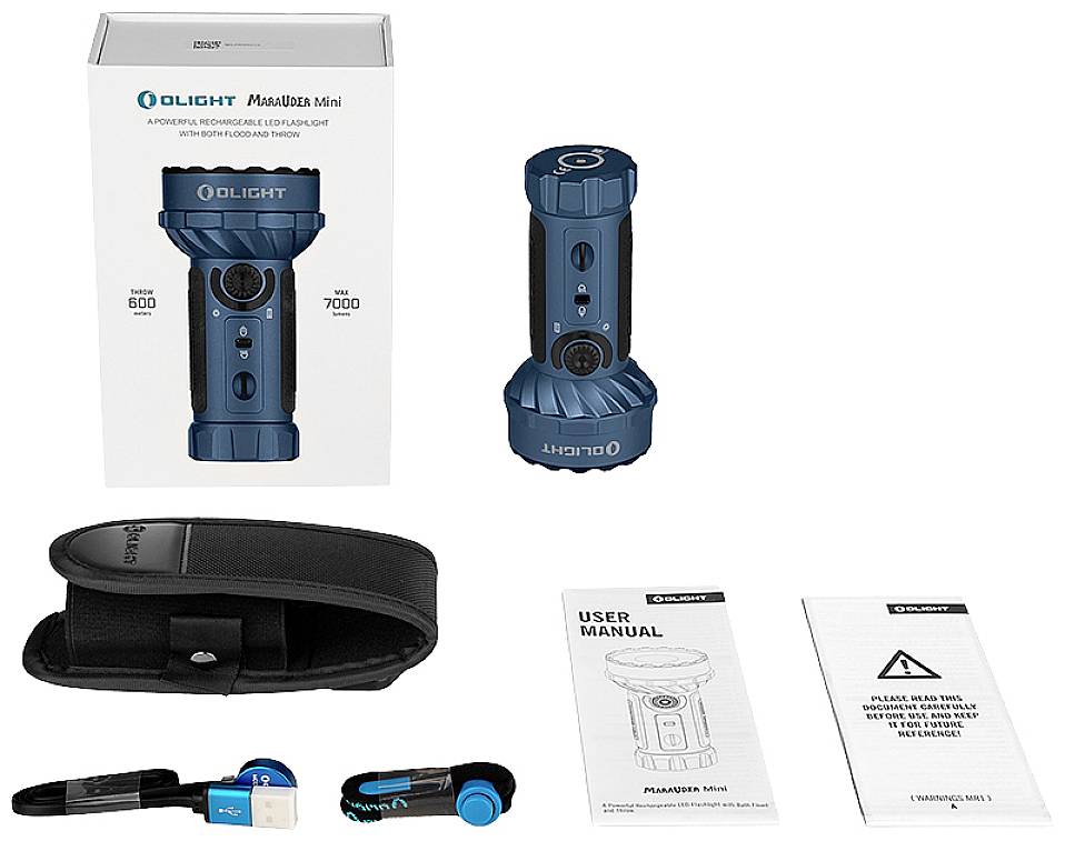 'Olight Marauder Mini' Taschenlampe in Blau mit Verpackung, USB-Kabel, Etui und zwei Anleitungen. 7000 Lumen, 600 Meter Reichweite.