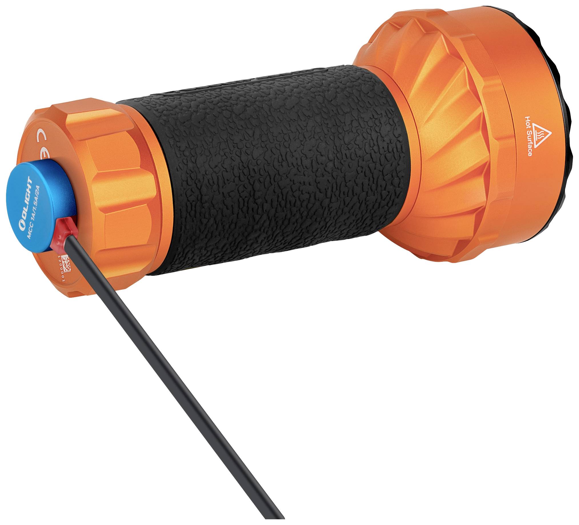 Eine orangefarbene, robuste Taschenlampe mit schwarzem Griff und rotem Knopf, zur Nutzung in Outdoor-Situationen entwickelt.