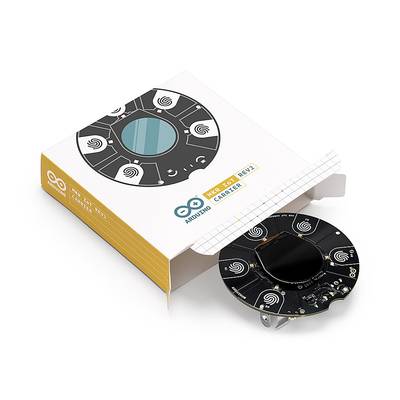 Eine Arduino® MKR IoT Carrier-Platine mit runden Sensoren und Display, daneben die zugehörige Verpackung mit ähnlichem Design.