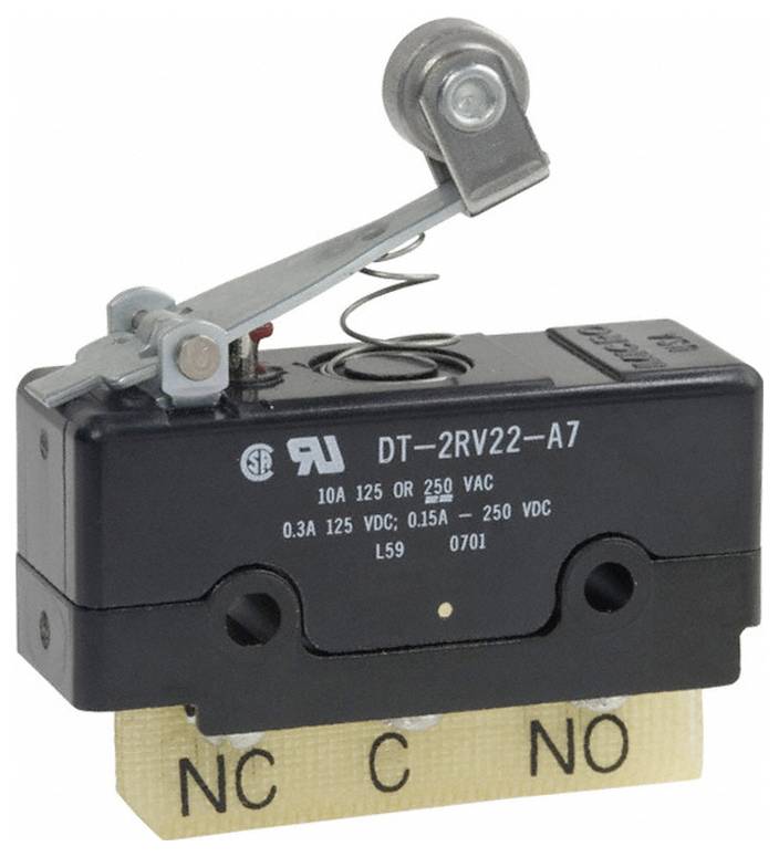 Ein schwarzer Mikroschalter mit metallischem Hebel. Der Schalter ist mit der Bezeichnung „DT-2RV22-A7" gekennzeichnet und zeigt elektrische Nennwerte und Zertifizierungszeichen.