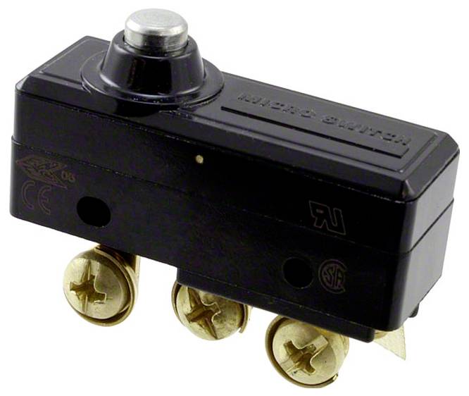 Ein schwarzer Mikroschalter mit silbernem Knopf und drei goldenen Schraubklemmen, der für elektrische Verbindungen verwendet wird.