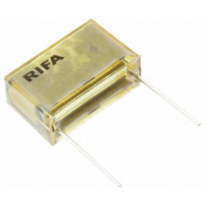 Ein rechteckiger Kondensator mit der Bezeichnung „RIFA" mit zwei Metalldrähten, die von einer Seite herausragen. Das Gehäuse hat eine transparente bernsteinfarbene Färbung.