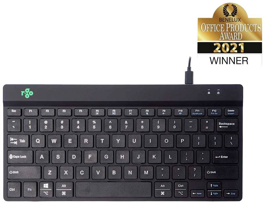 Eine schwarze ergonomische Tastatur mit Kabel. Oben rechts ein Siegel: 'Benelux Office Products Award 2021 Winner'.