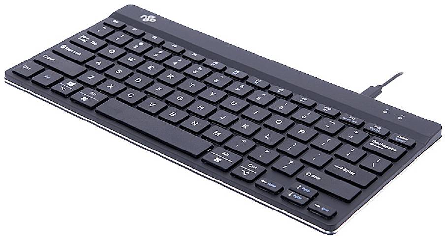 Schwarze QWERTZ-Tastatur mit USB-Anschluss, flaches Design, deutsche Beschriftung, rechteckig mit abgerundeten Ecken und Funktionstasten.
