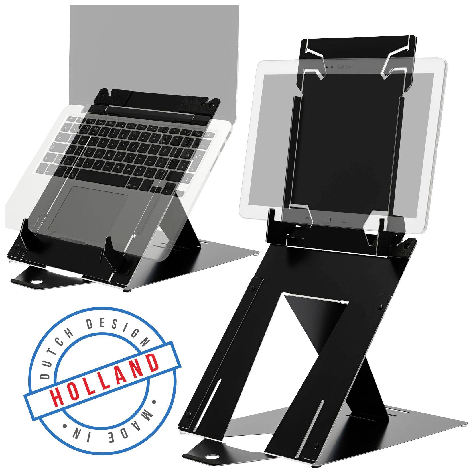 Zwei schwarze Laptop-Ständer aus Metall, einer mit schwebendem Laptop, einer mit schwebendem Tablet. Logo 'Dutch Design Made in Holland'.
