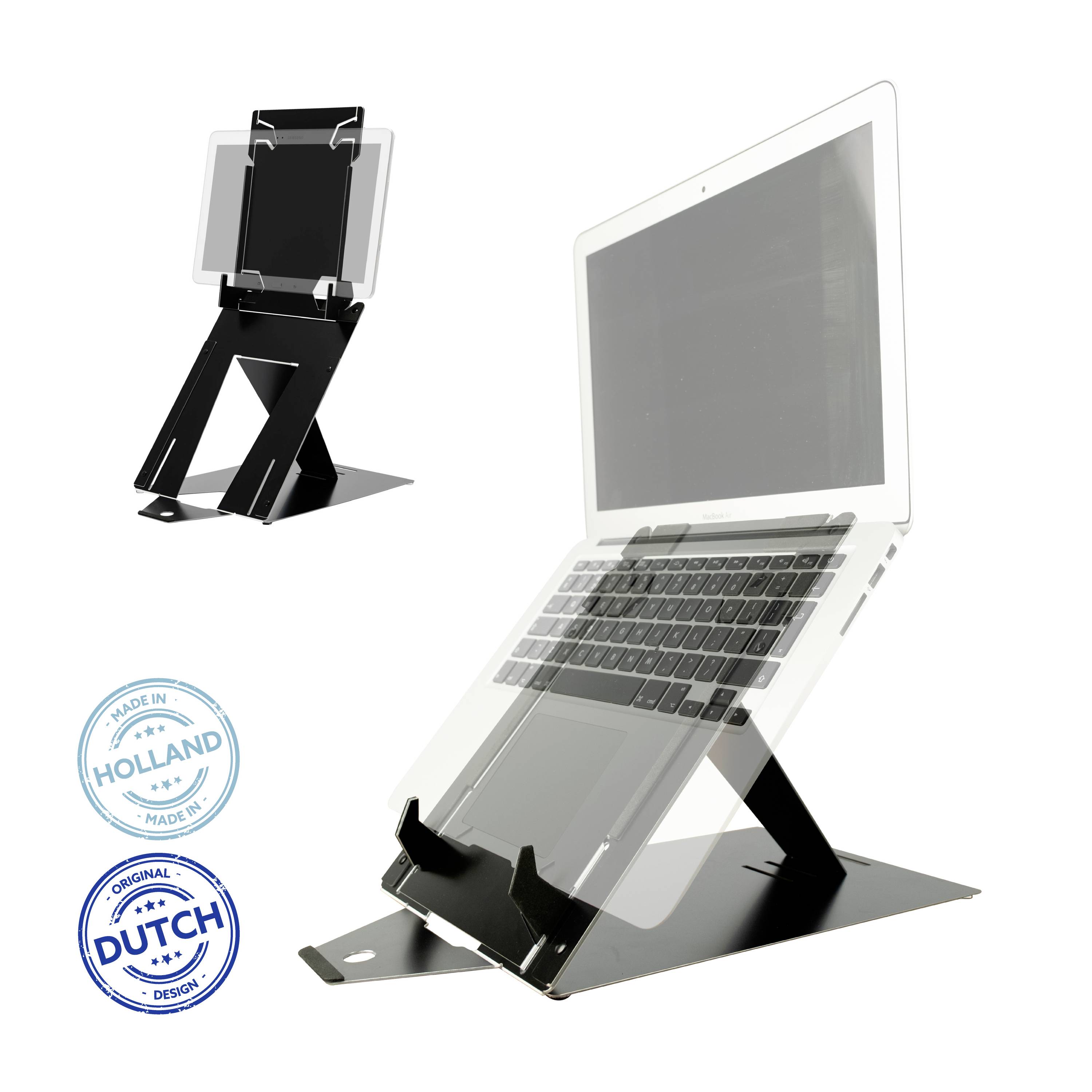 'Schwarz-silberner Laptop-Ständer aus Metall in minimalistischem Design, mit niederländischem Logo unten links.'
